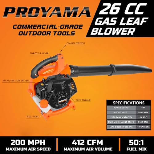 PROYAMA Gas Powered Leaf Blower, 3-in-1 26cc 2-Cycle Handheld Leaf Blower & Leaf Vacuum Mulcher, 412 CFM 200 MPH Cordless Blower with 10 Gallon Collection Bag for Lawn Yard Blowing Snow Dust Debris - Image 3