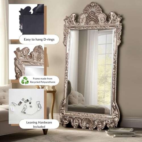 Image of Howard Elliott Collection Marquette Antique Oversized Full Length Mirror, Ornate Full Body Standing Floor Mirror, Large Leaning Wall Mirror for Bedroom & Living Room, Silver Leaf, 49 x 84 x 3 Inch