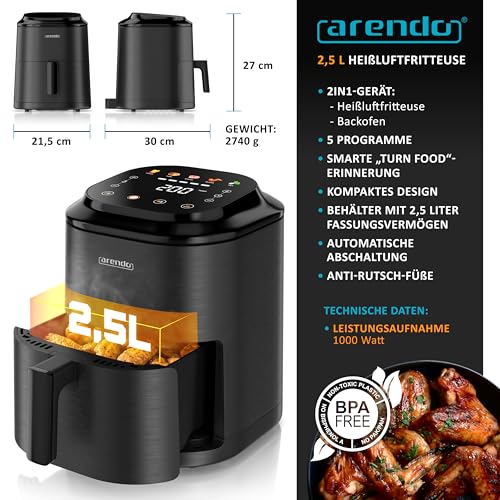 Arendo – Heißluftfritteuse klein - 2,5 Liter - Airfryer – 60 bis 200 ° C – Timer – Warmhaltefunktion – individuelle Temperatureinstellung – 5 Automatikprogramme – für kompakte Küchen – Bild 2