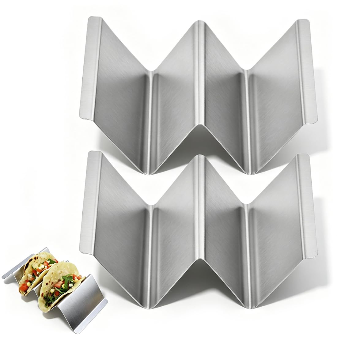 Porta Tacos 2 Pezzi Acciaio Inossidabile, Supporto Verticale Resistente Forno e Lavastoviglie, Mantiene Tacos, Burritos e Fajitas perfetti per Feste e Cene.