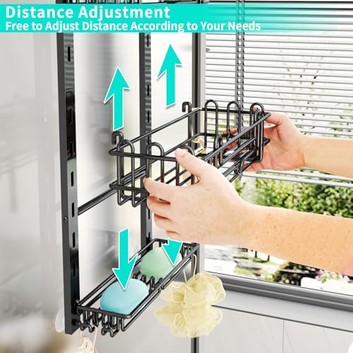 HapiRm 3 Tier Over the Door Shower Caddy, Hanging Shower Caddy with 16 Hooks and 2 Soap Holders, No Drilling Adjustable Hanging Bathroom Organizer - Black by HapiRm - Used condition - Image 2