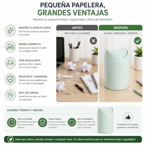 Miniatura 7 de Cablepelado Papelera Basculante Plástico Para Mesa, Mini Basurero De Mesa, Cubo De Basura Para Escritorio, Papelera De Oficina Pequeña, Papelera De Plástico Con Tapa Basculante, 1.4 Litros, Verde