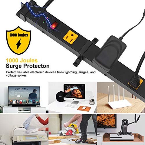 Suraielec 10 Outlet Long Power Strip Surge Protector, Industrial Heavy Duty Metal Shop Power Strip With Flat Plug, 1000 Joules, 15 Amp Breaker, 6Ft Cord, Wall Mountable, For Work Bench, Shop, Garage #TOP3
