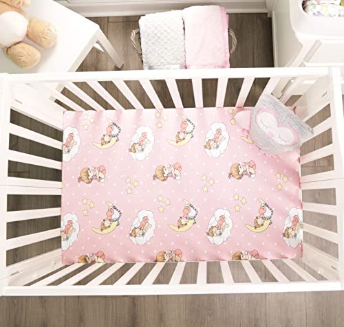 Image of 2 Pack n Play Mattress Sheets - 100% Jersey Knit Cotton Soft Portable Crib Mattress Sheet for Girls with Pink and Yellow Precious Moments Design; 2 Pk Playpen Mattress or Mini Crib Fitted Sheet Set