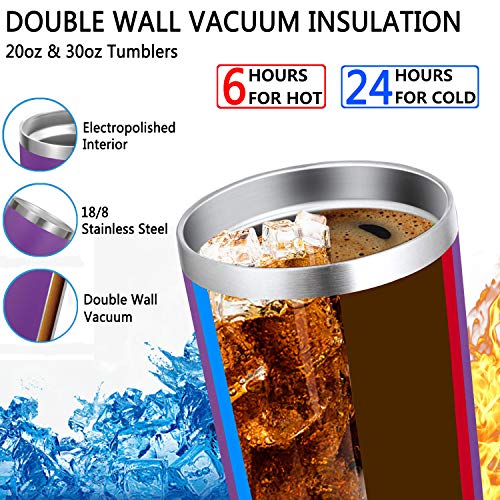 20oz and 30oz Stainless Steel Tumblers with Straws, Bastwe Double Wall Vacuum Insulated Travel Mug, Coffee Cup for Home, Office, School, Works Great for Ice Drink, Hot Beverage (2 Pack, Purple)