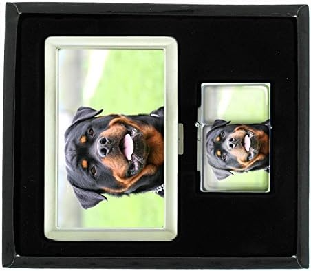 Dog Rottweiler Head Cigarette Case Oil Lighter Gift Set
