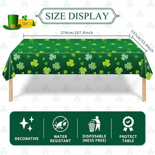 Image of 3 Pack 54 x 108 Inch St. Patrick's Day Plastic Tablecloth - Green with Assorted Shamrock Designs, Disposable Irish-Themed Clover Rectangle Table Cloth for Indoor Outdoor Table Cover Decorations