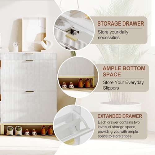 GarveeHome Fluted Shoe Cabinet with 2 Flip Drawers, a Drawer, a Hook, Modern Narrow Shoe Storage, Farmhouse Wooden Shoe Organizer with Metal Legs, Closed Shoe Racks for Entryway, White