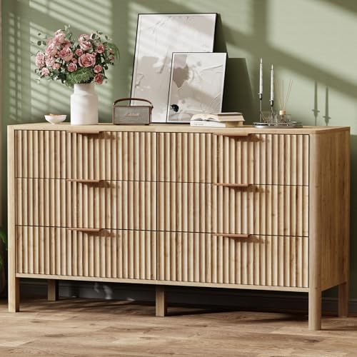 Image of 55 Inch Wide Fluted 6 Drawer Dresser for Bedroom, Wooden Dresser Modern Chest of Drawers TV Stand Dressers with Organizer Storage for Bedroom, Living Room, Entryway, Oak