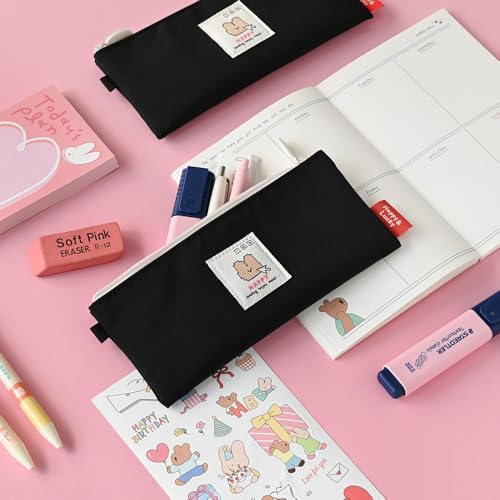 Image of Monolike Happy and Lucky Daily pen case, Happy Black - Slim Water-Resistant Nylon Pen Pouch, Aesthetic Vivid Stationery Organizer for Office