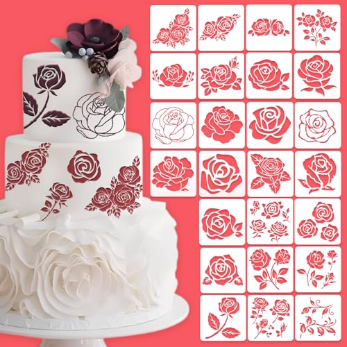 Rose Flower Cake Stencils Kit Reusable Floral Cookie Coffee Stencil Drawing Template for Valentines Day Dessert Buttercream Painting DIY Crafts Decor (25 Pcs)
