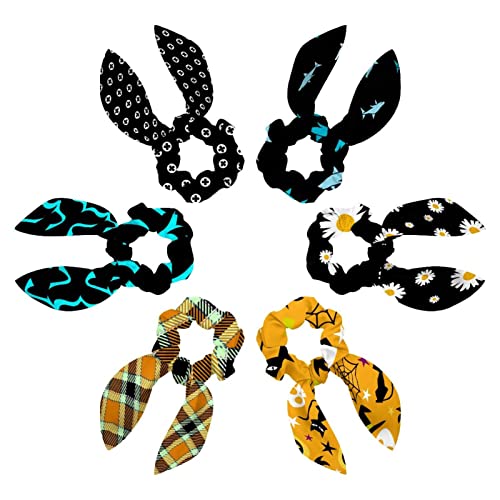 Chouchous en satin motif requins (lot de 6) avec ruban oreille de lapin pour queue de cheval