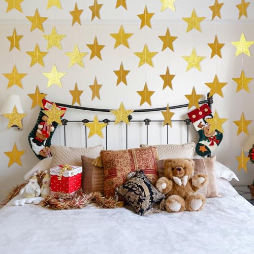 Image of Spakon 65 Feet Glitter Star Paper Garland Banner Hanging Decoration Star Streamers Double Side 2026 Graduation Decorations for Wedding Birthday Festival New Year Party Decoration(Glitter Gold)
