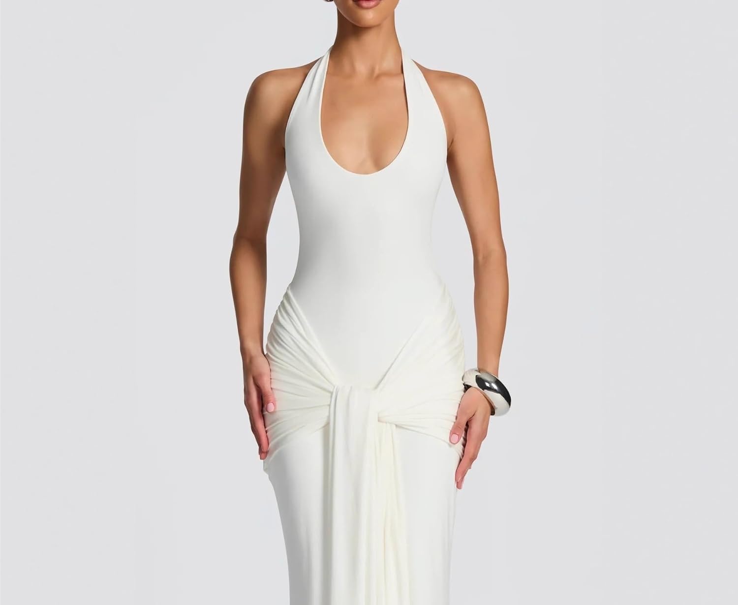 2025 Women's Ribbon Splicing Strap Long Skirt Slimming Bag Hip Hanging Neck Dress Dress