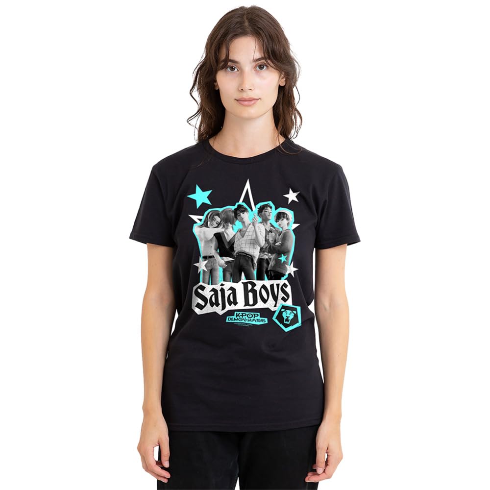 Kpop Demon Hunters Saja Boys Scrapbook Stars Ladies T Shirt, Black, Medium