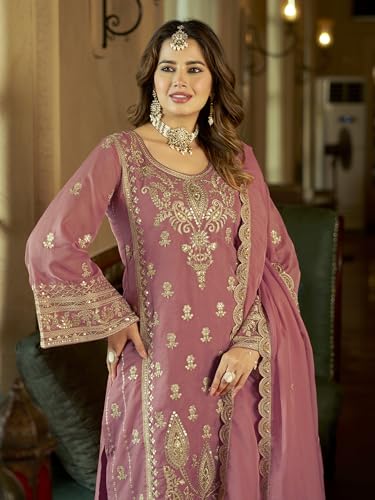 Image of INDO ERA Women's Organza Embroidered Sequinned Kurta & Pant with Dupatta Set | Women Kurta Sets With Dupatta Cotton