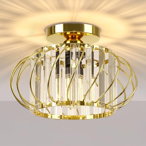 Image of Gold Crystal Ceiling Light Fixture - Small Crystal Chandelier Semi Flush Mount Ceiling Light Modern Hallway Lights fixtures for Entryway Bedroom Porch Kitchen (11 Inch, Bulb not Included)