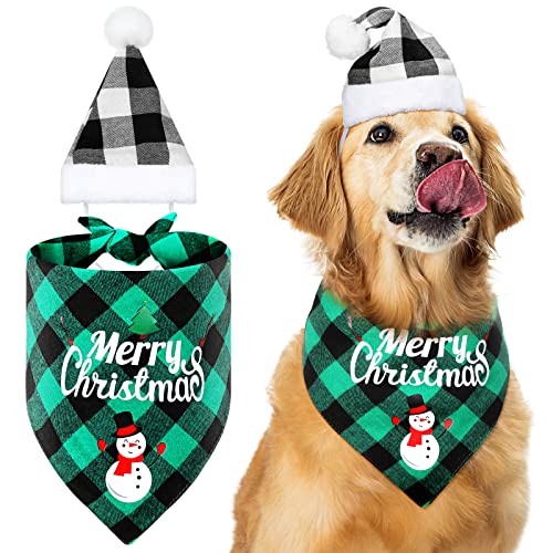 Ensemble de Chapeau Bandana de Chien de Noël Écharpe Triangle de Chien de Noël à Carreaux avec Chapeau de Chien de Noël Costume de Noël pour Chiens Chiots Petits Moyens (Noir Vert) Cover