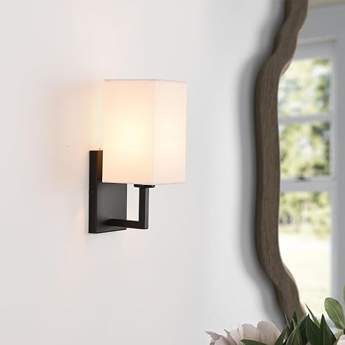 Miniatura 2 de Deamakk Moderno juego de 2 apliques de pared, lámpara de pared industrial con pantalla cuadrada de tela blanca, lámpara de pared estilo vintage E26