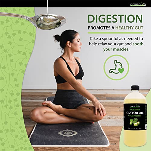 GreenIVe 100% Pure Castor Oil – Cold-Pressed, Hexane-Free – Hair, Eyebrows, Eyelashes, Skin Moisturizer, Castor Pack Wrap Oil Bulk Bottle (32 Fl oz)