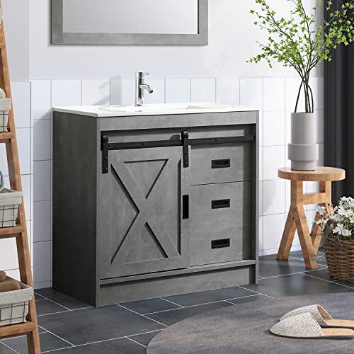 Walsport 36” Bathroom Vanity With Sink, Modern Grey Wood Cabinet Basin Vessel Sink Set With Mirror, Chrome Faucet, P-Trap 36 Inch #TOP2