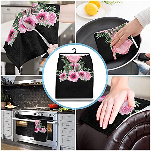 Kitchen Dishcloth Towels Set Lint Free Hand Towels Cleaning Cloths Flamingo With Tropical Garden Hibiscus Flower Plant Black Backdrop 4 Pack Absorbent Dish Drying Rags For Home Hotel (28X18 Inch) #TOP3