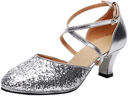 Deloito Damen Mid-High Heels modern Glitzer-Pailletten Tanzschuhe Ballsaal PU weicher Boden Latein Tango Flach Tanzen Schuhe (39 EU, Silber-B) Cover