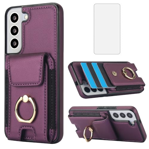 Coque Samsung S22+ 5G antichoc à anneau support et fente pour carte en cuir