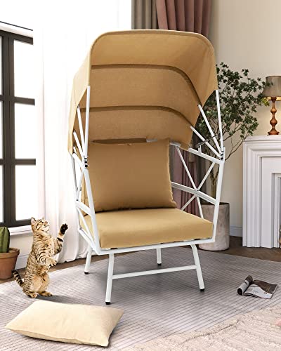 Crestlive Products Aluminum Egg Chair, Outdoor Indoor Single Sofa Chair With Folding Canopy, All Weather Lounge Chair With Cushion & Sun Shade Cover For Balcony, Living Room, Patio(White&Tan) #TOP3