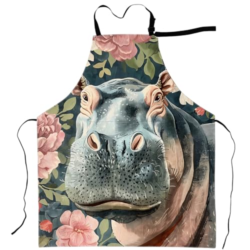 cromcu Hippo Apron Surrounded by Soft Pink Flowers Aprons Waterproof Oxford Polyester Adjustable Pockets Design for Cooking, Crafting, Garden Decor, Gifts for Adults, 28x33 Inch