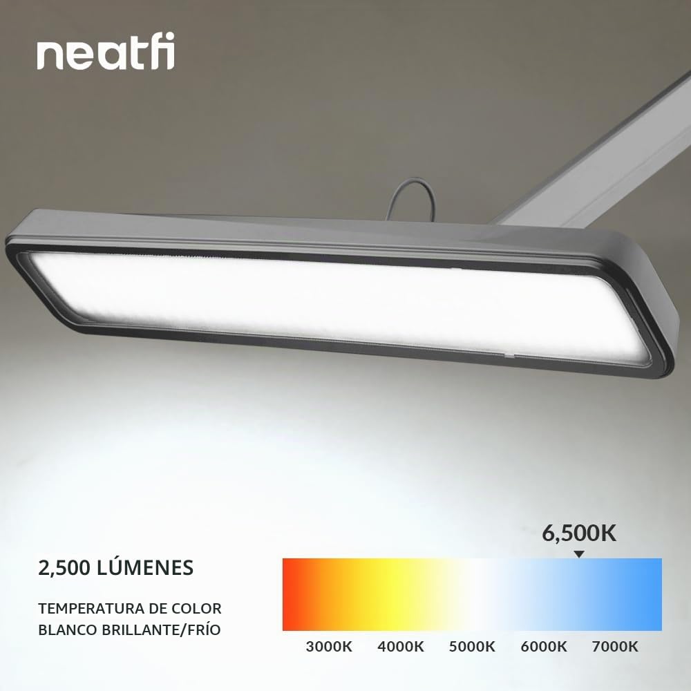 Neatfi Lámpara de Trabajo – 30W, Pantalla de 56 cm de Ancho, 4 Niveles de Brillo, Lámpara LED para Mesa de Manicura, Manualidades y Oficina (Plata, No-CCT con Abrazadera)