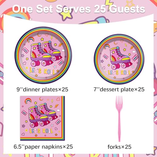 Image of Qyeahkj 100 Pcs Roller Skating Party Plates and Napkins Set Pink Roller Skate Birthday Decorations Supplies Tableware Roll Skating Themed Party Favors for Girls Birthday Decorations Serves 25