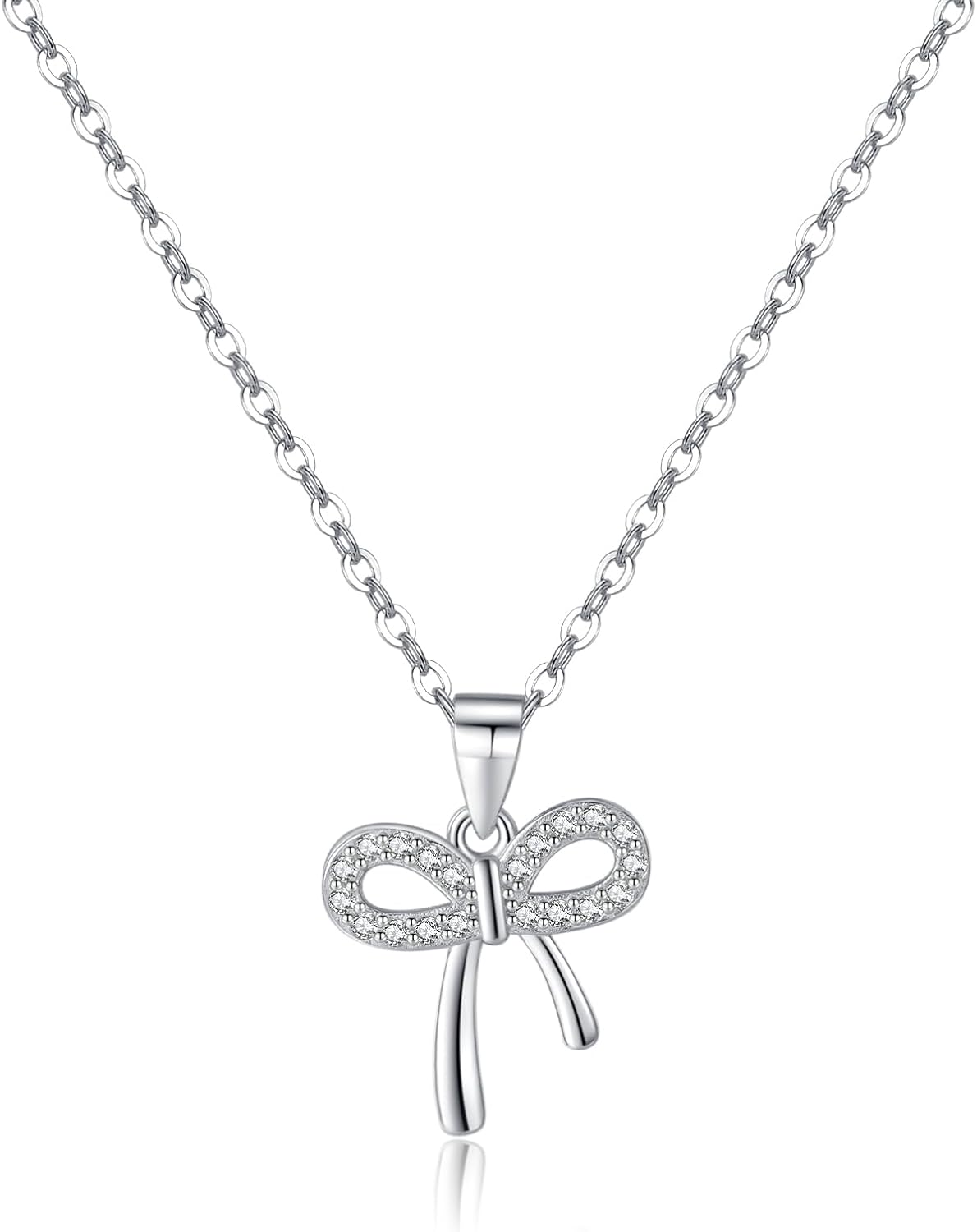Reffeer Solid 925 Sterling Silver CZ Bow Necklace Chain for Women Teen Girls Crystal Bow Pendant Necklace Choker Bowknot
