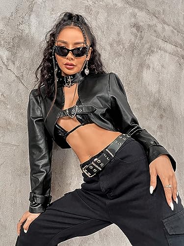WDIRARA Women's Leather Buckle Belted Neck Long Sleeve Jacket Short Outwear Tops4