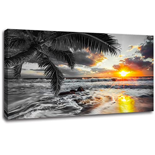 Yxbhhym-Beach Wall Art Black And White Ocean Pictures For Walls Sunrise Seascape Scenery Canvas Print Sunset Painting Palm Poster Sea Wave Artwork For Living Room Wall Art Bedroom Office Wall Décor #TOP6