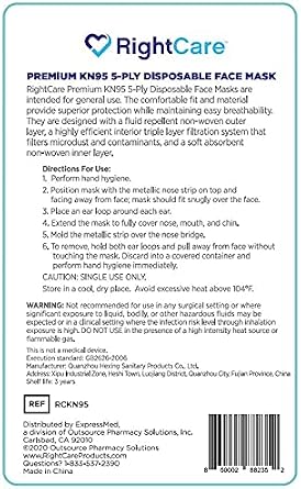 RightCare KN95 Protective Face Mask (Non-Medical), 99% Filter Efficiency 5-PLY mask with Ear Loops and Shapeable Nose Bridge, Case of 1000