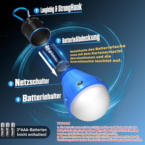 Winzwon Zeltlampe mit Haken und USB-Ladeanschluss in Nahaufnahme. - Detailansicht von Winzwon Campinglampe LED –...