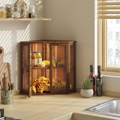 Aycarzcy Corner bread box Bread Box for Kitchen Countertop - Corner Bread Storage Box 16.51" H, Premium Wood with Glass Door, Perfect for Homemade Bread, Baguettes & Pastries (Acacia brown) — view 3