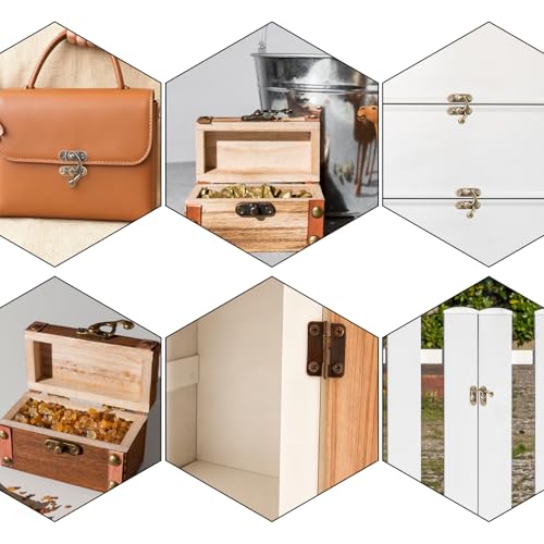 LXUEJIE 18 Stück Antike Bronzen Rechtsriegelhaken Verschluss, Mini Scharniere Riegel Haken Verriegelung 6x Riegelverschluss + 12x Scharniere + 72 Schrauben für Kleine Box Schmuckkästchen Möbel Dekorat