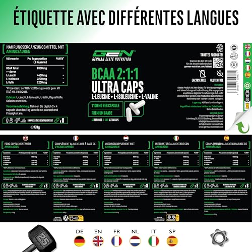 BCAA Ultra Caps - 365 gélules avec un dosage élevé de 1100 mg par gélule - Rapport optimal 2:1:1 - Leucine, L-Isoleucine, L-Valine - Acides aminés essentiels à chaîne ramifiée – Image 7