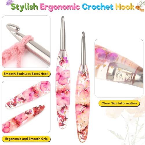 Image of Katech 6.5mm Crochet Hook for Arthritic Hands,Hand-Polished Stainless Steel | Ergonomic Crochet Hooks with Customized Sparkle Dried Floral Grip, Smooth Tapered Hook-Crochet Gift for Beginner & Crocheter