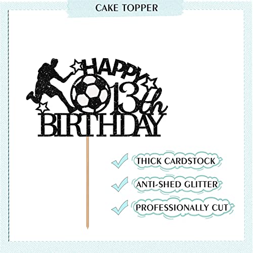 Black Soccer Happy 13Th Birthday Cake Topper, Sport Themed Birthday Party Cake Topper, Glitter Soccer Player Cake Decorations For 13 Years Old Birthday/Anniversary Party #TOP1