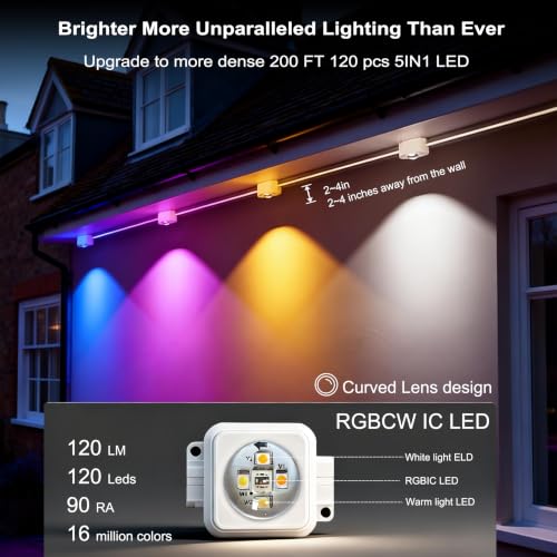 Seyxicnor RGBCW Permanent Outdoor Lights,108 Scene Modes Smart Outdoor Christmas Lights with Voice Remote APP Control, IP68 LED Eaves Lighting for Halloween Party, Daily Garden Decor (120LED 200FT) — view 5