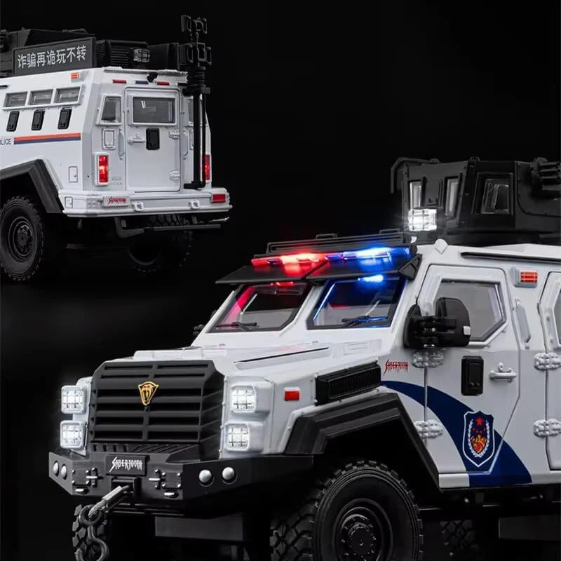 Image of Scale 1:24 Police Van Model 2 - White Alloy Diecast Pullback Metal Car Toy with Sound Light & Opening Doors - Best Gift Toy for Kids