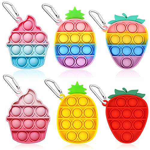 EVERMARKET 6 Pack Push Pop Bubbles Fidget Sensory Toy Keychains,Pineapple Strawberry Ice Cream Bubble Popper Stress Reliever Silicone Relax Toy, Rainbow Color Pop Bubble Fidget Keychains