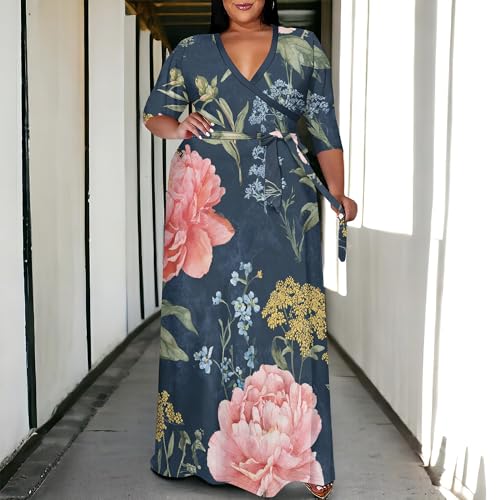 Image of SUZONANA Women's Plus Size Maxi Dresses Casual Loose Short Sleeve Long Maxi Dress with Belt Wedding