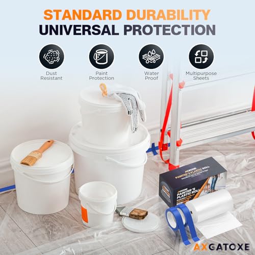 Image of Axgatoxe Plastic Drop Cloth for Painting, Painter's Plastic Sheeting & Tarp | 200' x 9' Plastic Film with 2 Rolls Masking Tape, Waterproof & Dust-proof Furniture /Couch /Floor Protector Painting Supplies