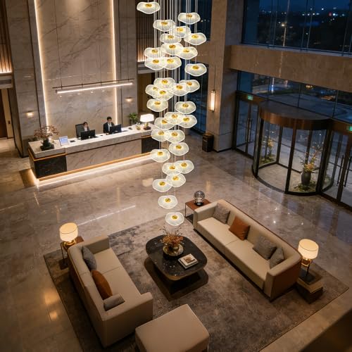Image of ziidoo High Ceiling Chandelier - 32-Light Dimmable Modern Gold Long Spiral Luxury Linear Lotus Leaf Led Lamp Hanging Pendant Lights for Foyer Enterway Staircase Villas