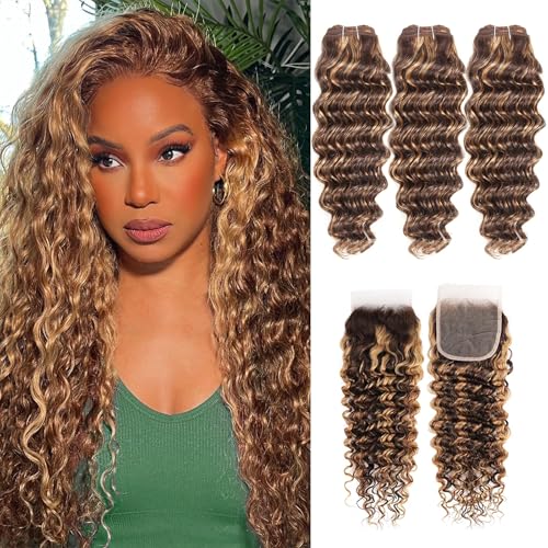 Deep Wave Human Hair Bundles With Closure (12 14...