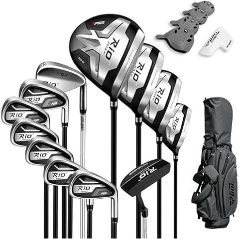 PGM Men's Complete Golf Club Sets - 12 Pieces - 3 Wood (#1,3,5), 1 Hybrid (#4H), 6 Irons(#5,6,7,8,9,PW), 1 Sand Wedge (52°), 1 Putter - Golf Stand Bag - Titanium Club Head, Graptlite Shaft Cover